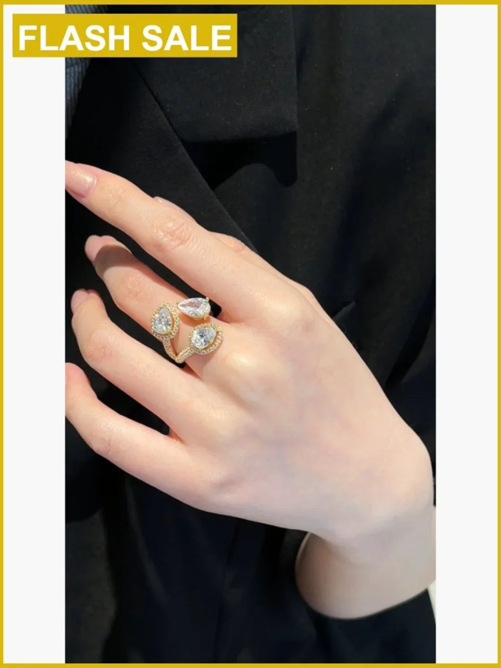 18K Gold Plated Pear-Shaped Statement Ring, Adjustable CZ Ring, Non-Tarnish
